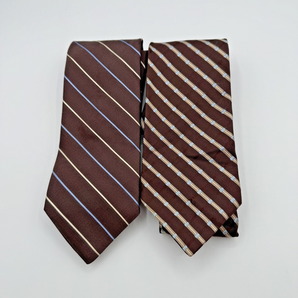 Nautica Tie Lot 2 Mens One Size Brown Blue Stripe 100% Silk Made USA Neckties